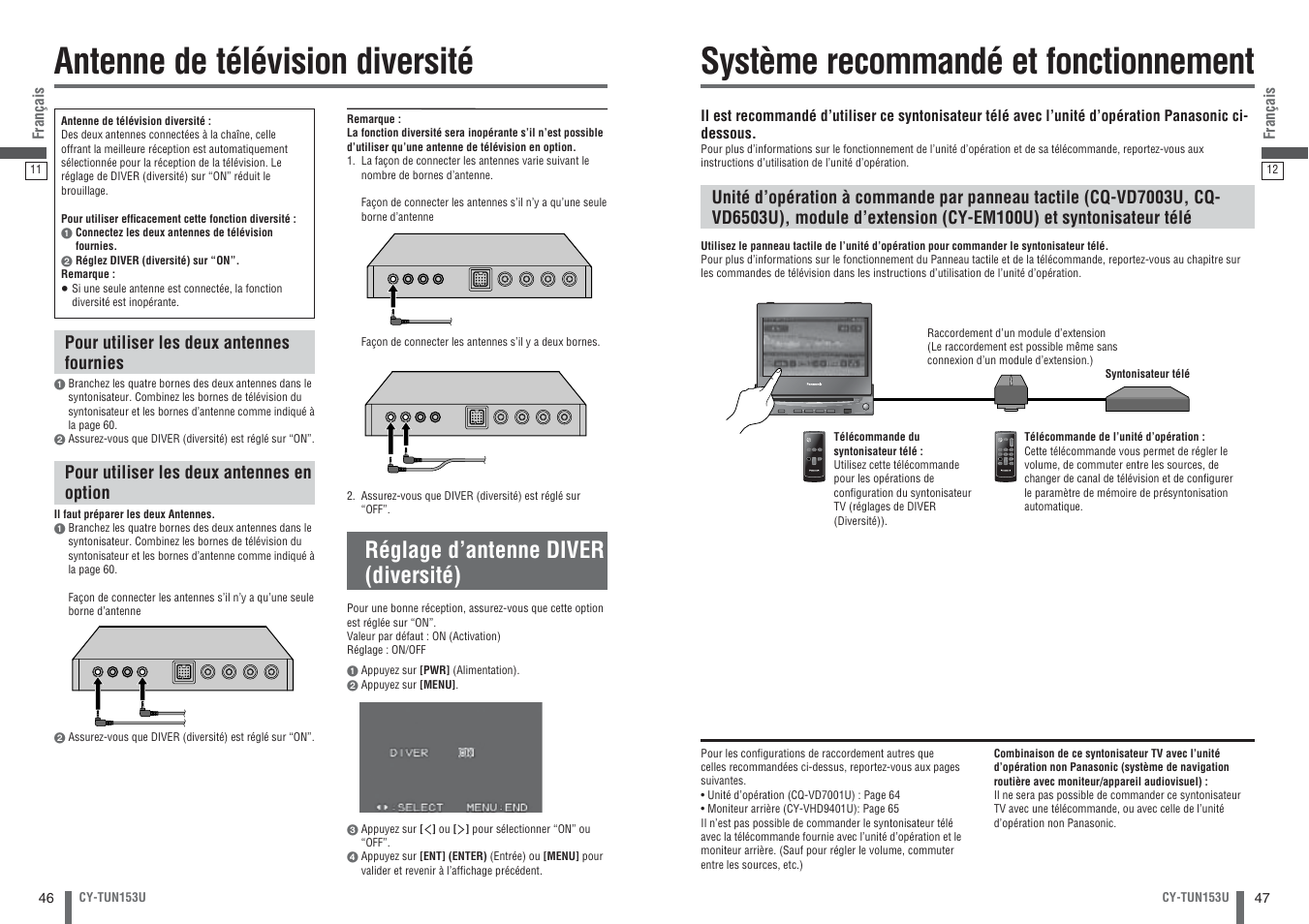 Antenne de television diversite, Systeme recommande et fonctionnement, Antenne de télévision diversité | Système recommandé et fonctionnement, Réglage d’antenne diver (diversité) | Panasonic CY-TUN153U User Manual | Page 24 / 52