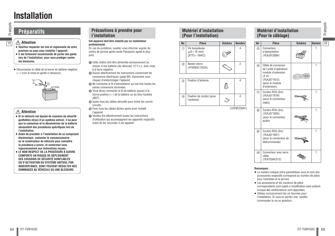 Installation, Préparatifs | Panasonic CY-TUN153U User Manual | Page 28 / 52