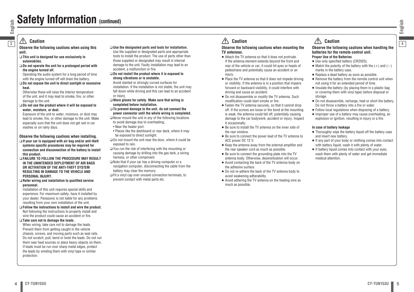 Safety information, Continued) | Panasonic CY-TUN153U User Manual | Page 3 / 52