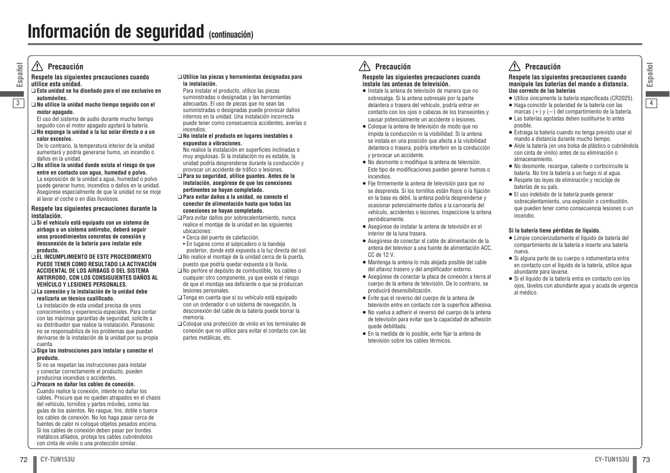 Información de seguridad, Continuación) | Panasonic CY-TUN153U User Manual | Page 37 / 52