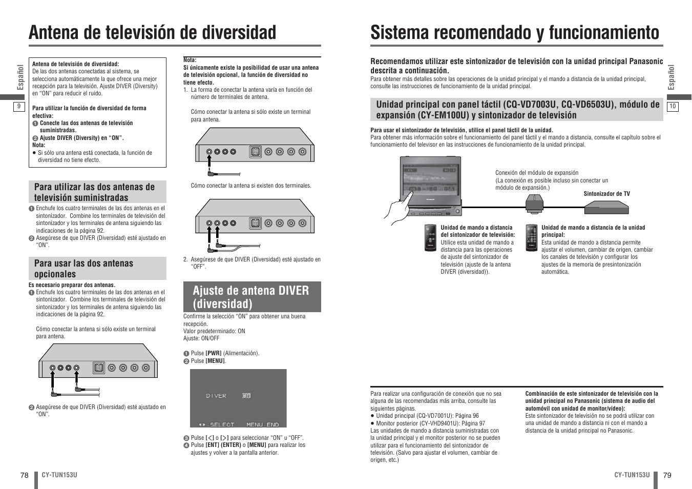 Antena de television de diversidad, Sistema recomendado y funcionamiento, Antena de televisión de diversidad | Ajuste de antena diver (diversidad) | Panasonic CY-TUN153U User Manual | Page 40 / 52