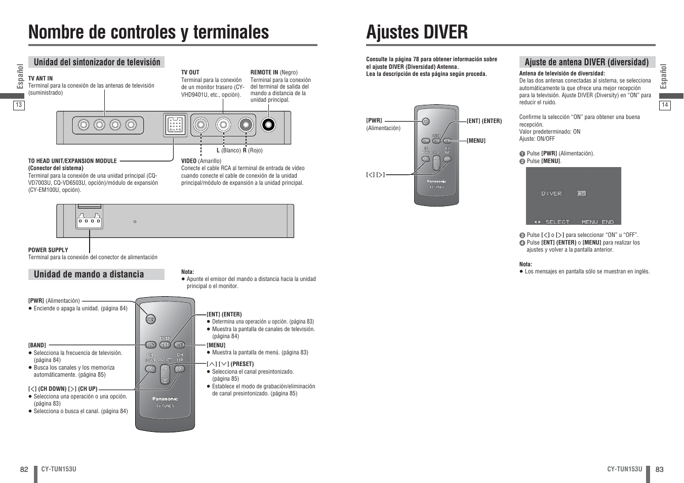 Nombre de controles y terminales, Ajustes diver | Panasonic CY-TUN153U User Manual | Page 42 / 52