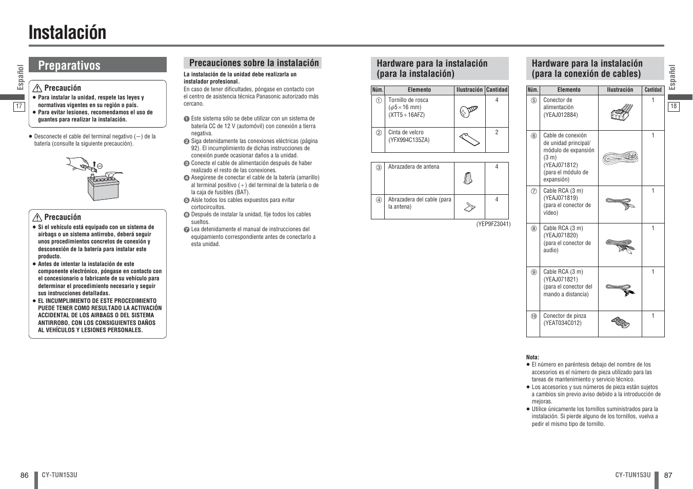 Instalacion, Instalación, Preparativos | Panasonic CY-TUN153U User Manual | Page 44 / 52