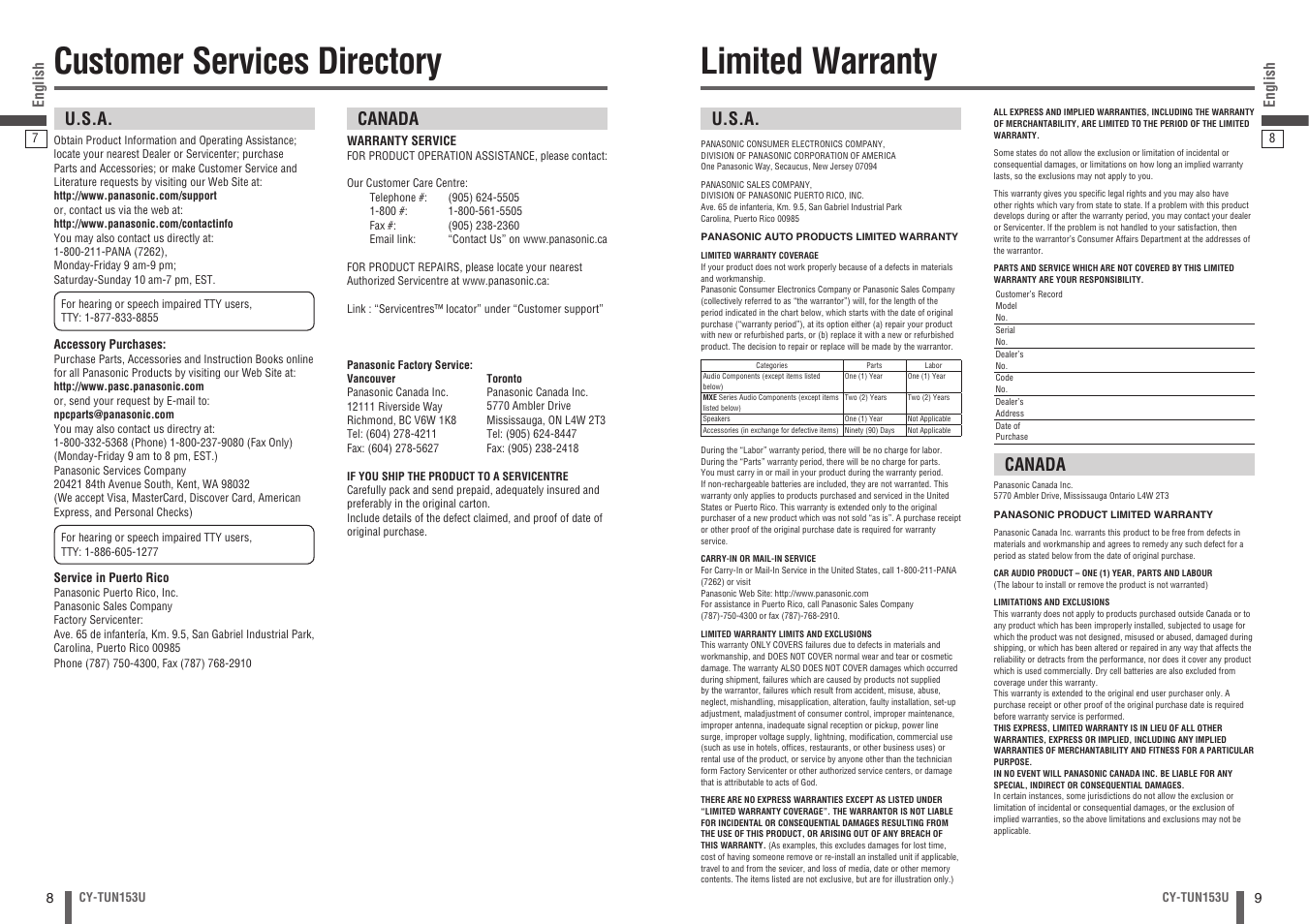 Customer services directory, Limited warranty, Canada | U.s.a | Panasonic CY-TUN153U User Manual | Page 5 / 52