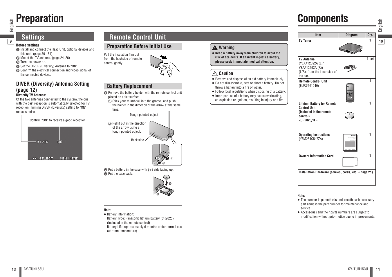 Preparation, Components, Settings | Remote control unit | Panasonic CY-TUN153U User Manual | Page 6 / 52