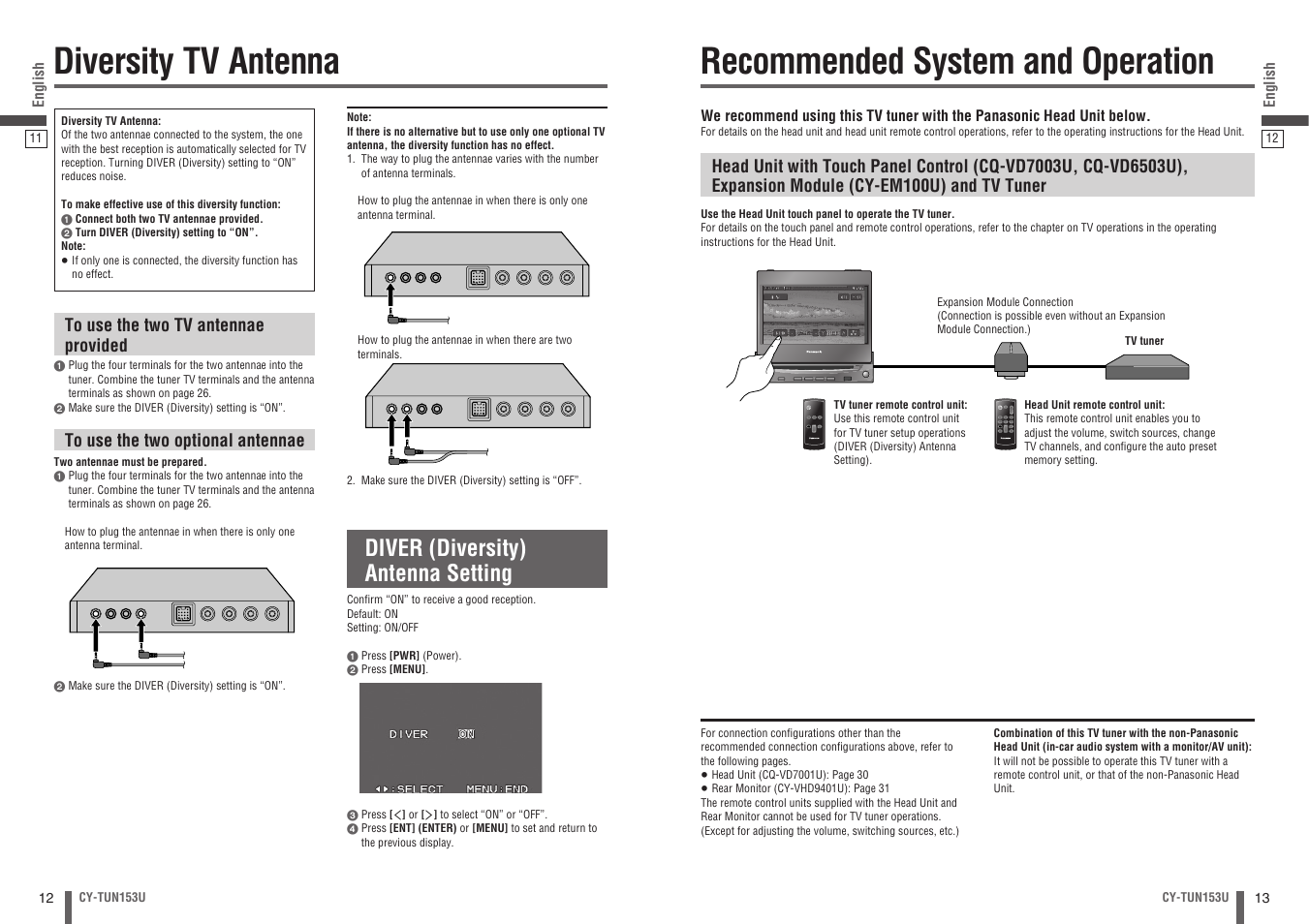 Diversity tv antenna, Recommended system and operation, Diver (diversity) antenna setting | Panasonic CY-TUN153U User Manual | Page 7 / 52