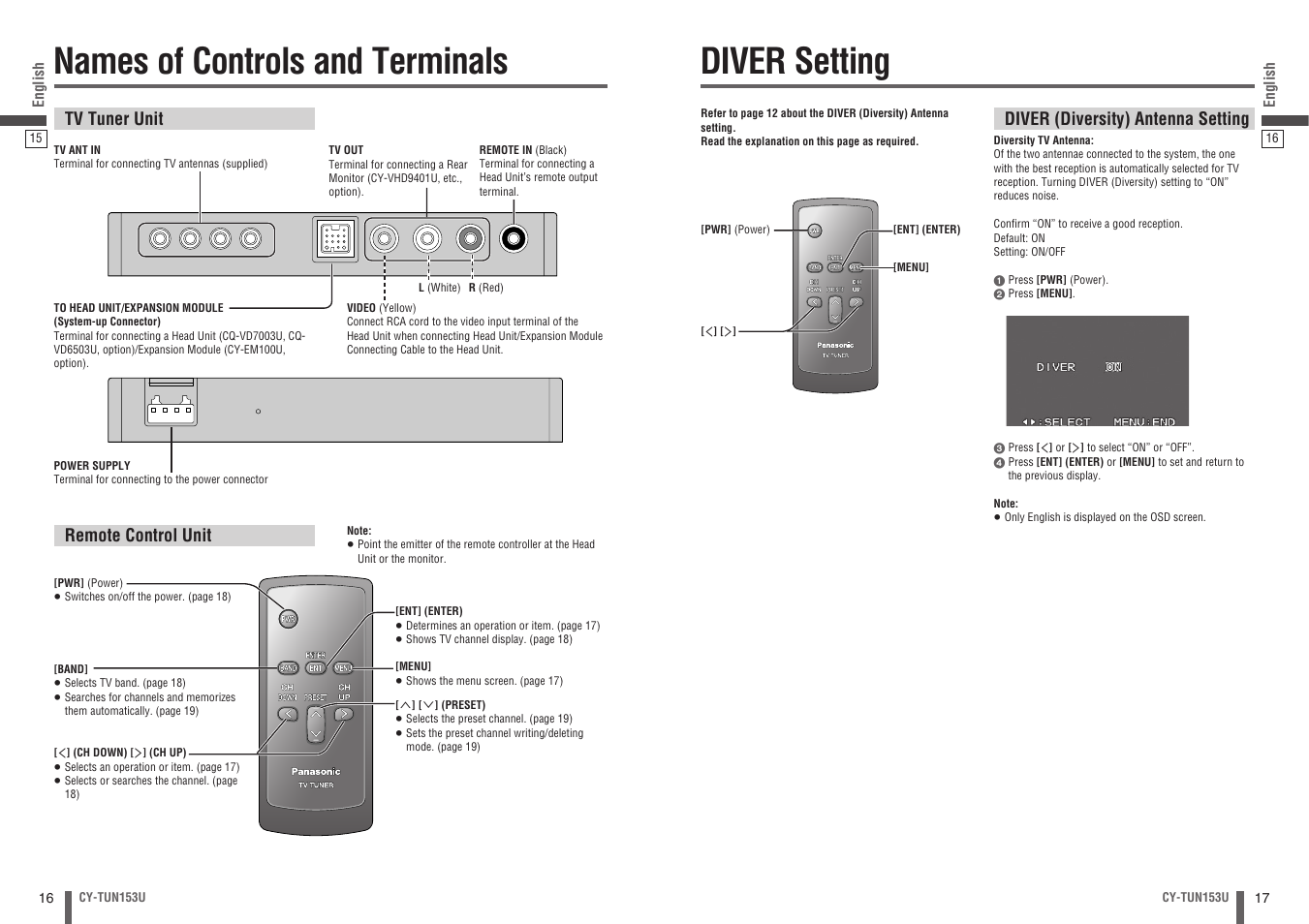 Names of controls and terminals, Diver setting | Panasonic CY-TUN153U User Manual | Page 9 / 52