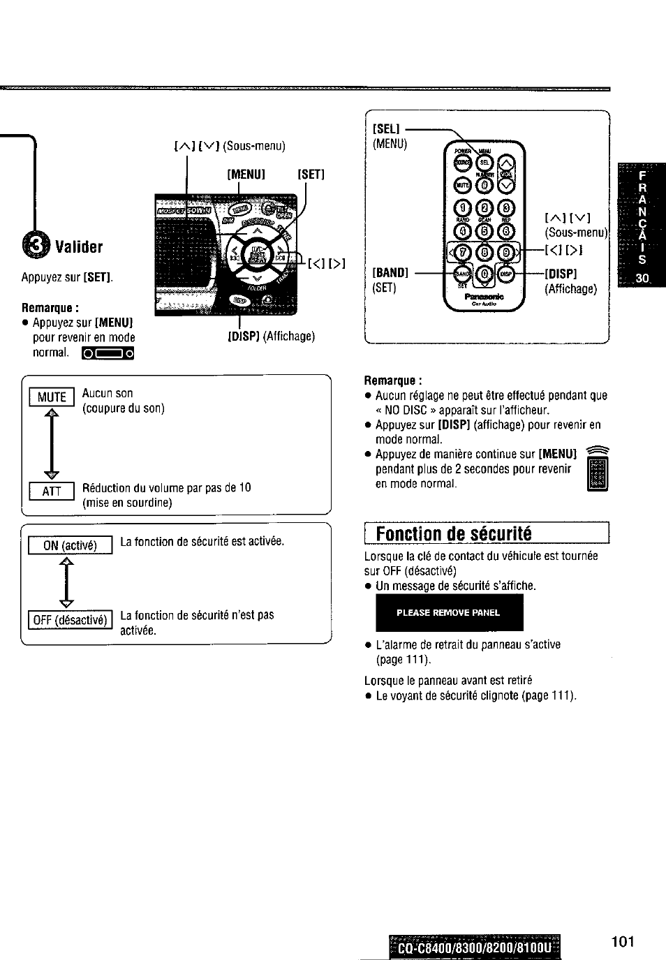 Valider, Fonction de sécurité | Panasonic CQ-C8300U User Manual | Page 101 / 176