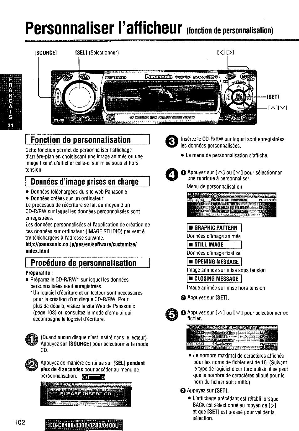 Fonction de personnalisation, Données d’imape prises en charge, Procédure de personnalisation | Personnaliser i’afficheur, Fonction de personnalisation) | Panasonic CQ-C8300U User Manual | Page 102 / 176