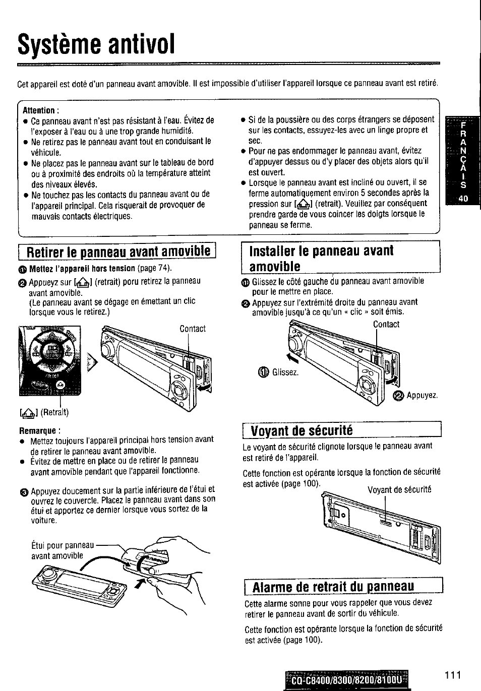 Système antivol, Attention, Retirer le panneau avant amovible | Remarque, Installer le panneau avant amovible, Alarme de retrait du panneau | Panasonic CQ-C8300U User Manual | Page 111 / 176
