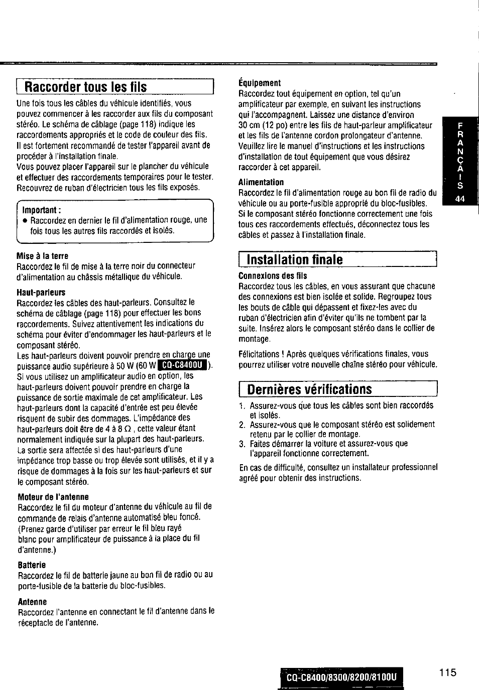 Mise à la terre, Moteur de l'antenne, Batterie | Antenne, Equipement, Alimentation, Connexions des fils, Raccorder tous les fils, Installation finale, Dernières vérifications | Panasonic CQ-C8300U User Manual | Page 115 / 176