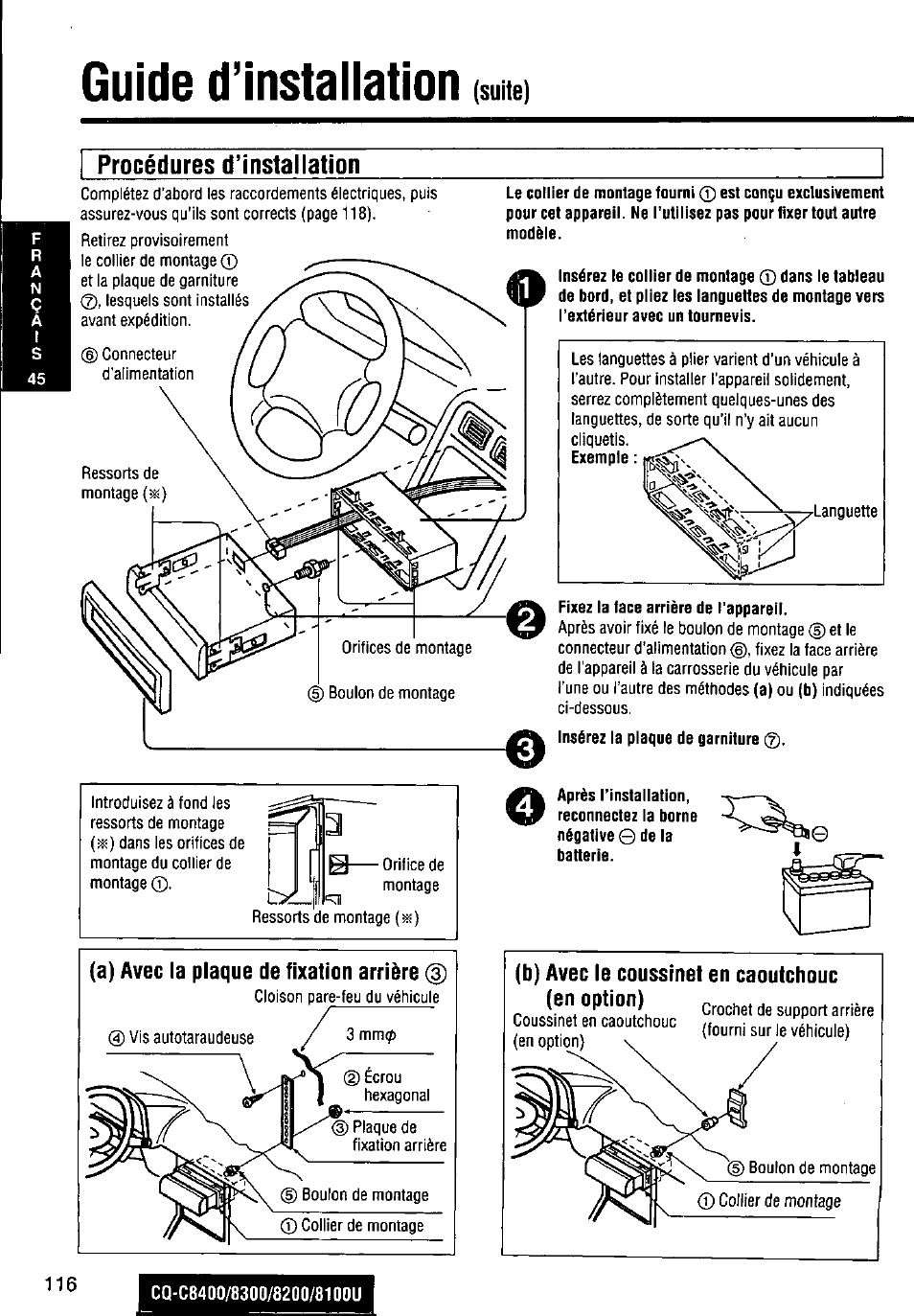 Procédures d’installation, A) avec la plaque de fixation arrière, Fixez la face arrière de l’appareil | Guide d’installation, Suite) procédures d’installation | Panasonic CQ-C8300U User Manual | Page 116 / 176