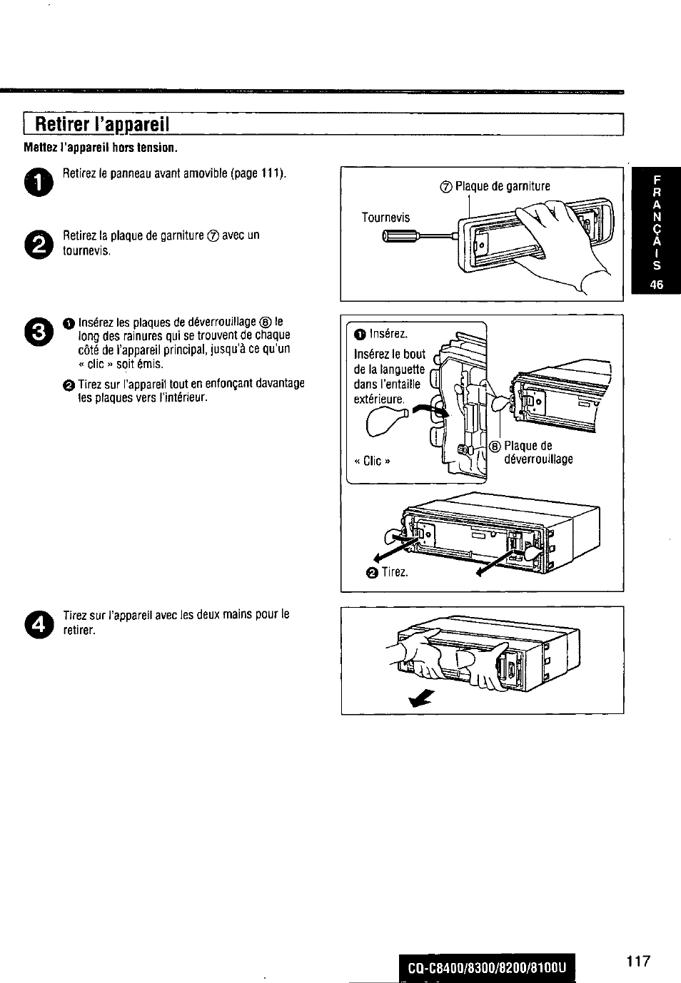 Retirer l’appareil, Cq-c840q/8300/8200/8100u | Panasonic CQ-C8300U User Manual | Page 117 / 176