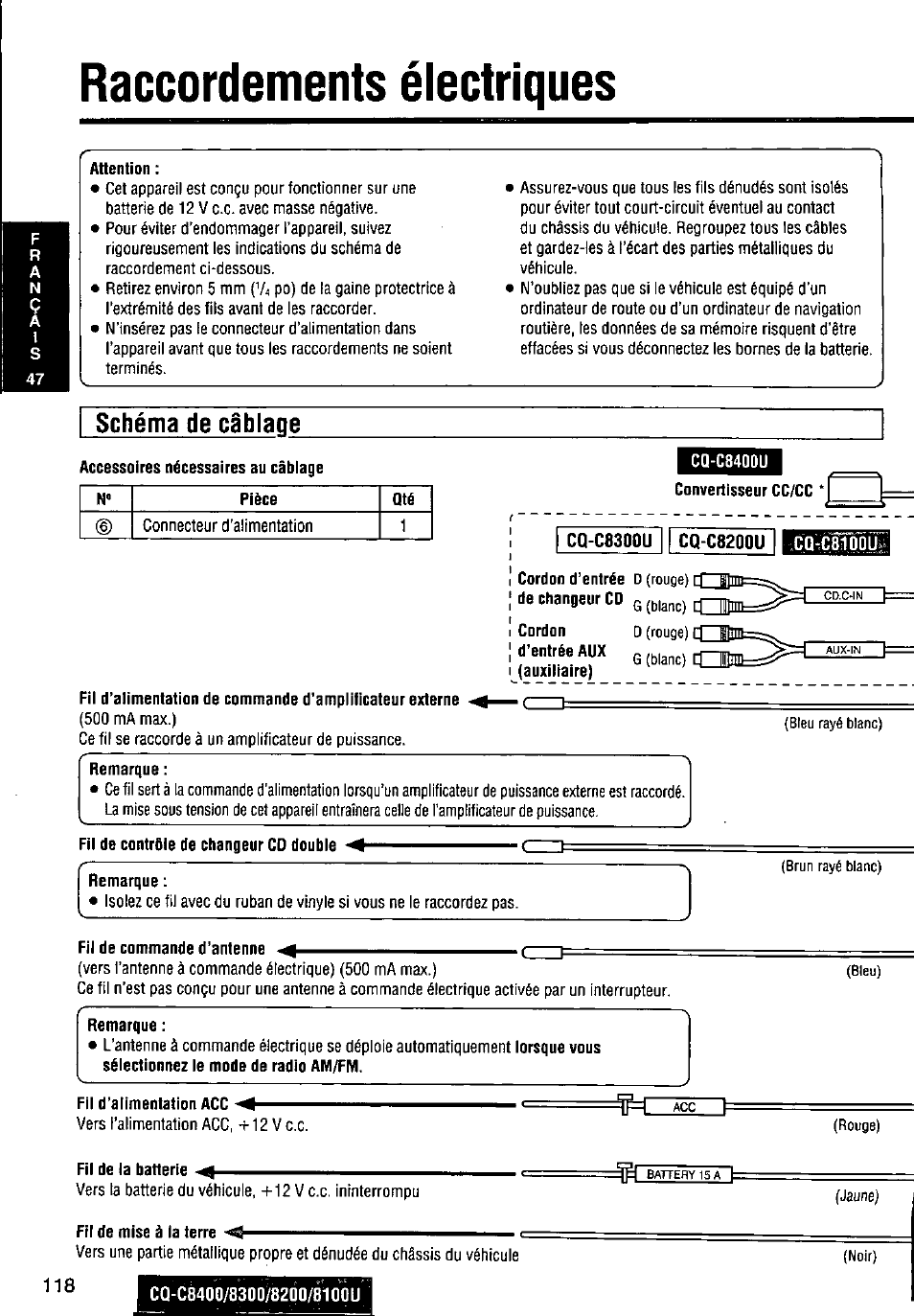 Attention, Cq-c8300u cq-c82q0u, Fil de contrôle de changeur cd double | Remarque, Fil de commande d’antenne, Fil d’alimentation acc, Fil de la batterie -4, Fil de mise à la terre, Raccordements électriques, Schéma de câblage | Panasonic CQ-C8300U User Manual | Page 118 / 176