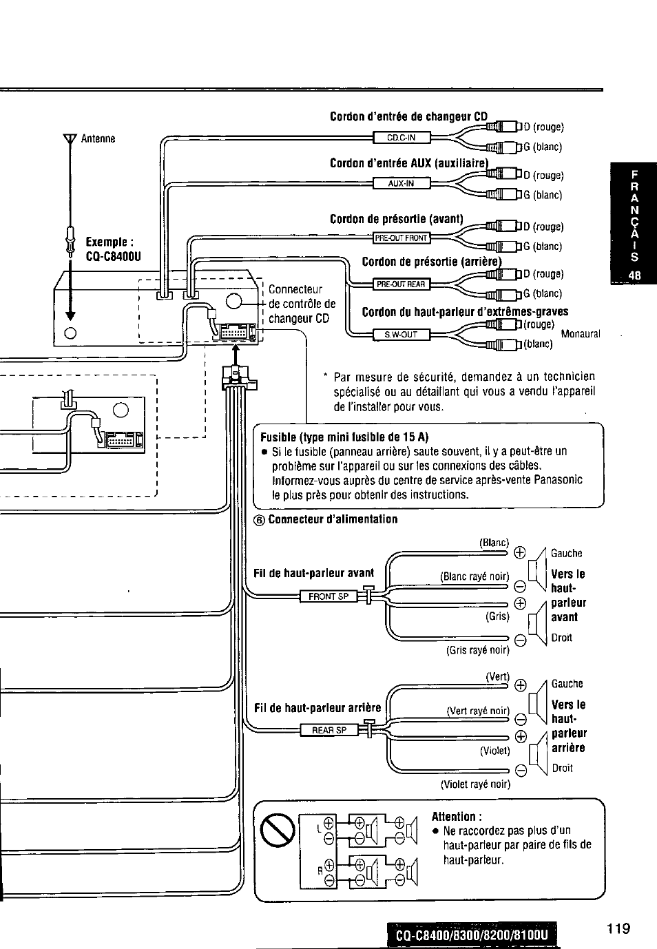 Cordon de présortie (avant), Fusible (type mini fusible de 15 a), Attention | Iracliil | Panasonic CQ-C8300U User Manual | Page 119 / 176