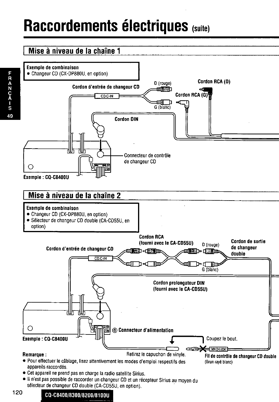 Mise à niveau de la chaîne 2, Exemple de combinaison, Cordon prolongateur din (fourni avec le ca-cd55u) | Fit de contrôle de changeur co double, Raccordements électriques, Suite) mise à niveau de la chaîne 2 | Panasonic CQ-C8300U User Manual | Page 120 / 176