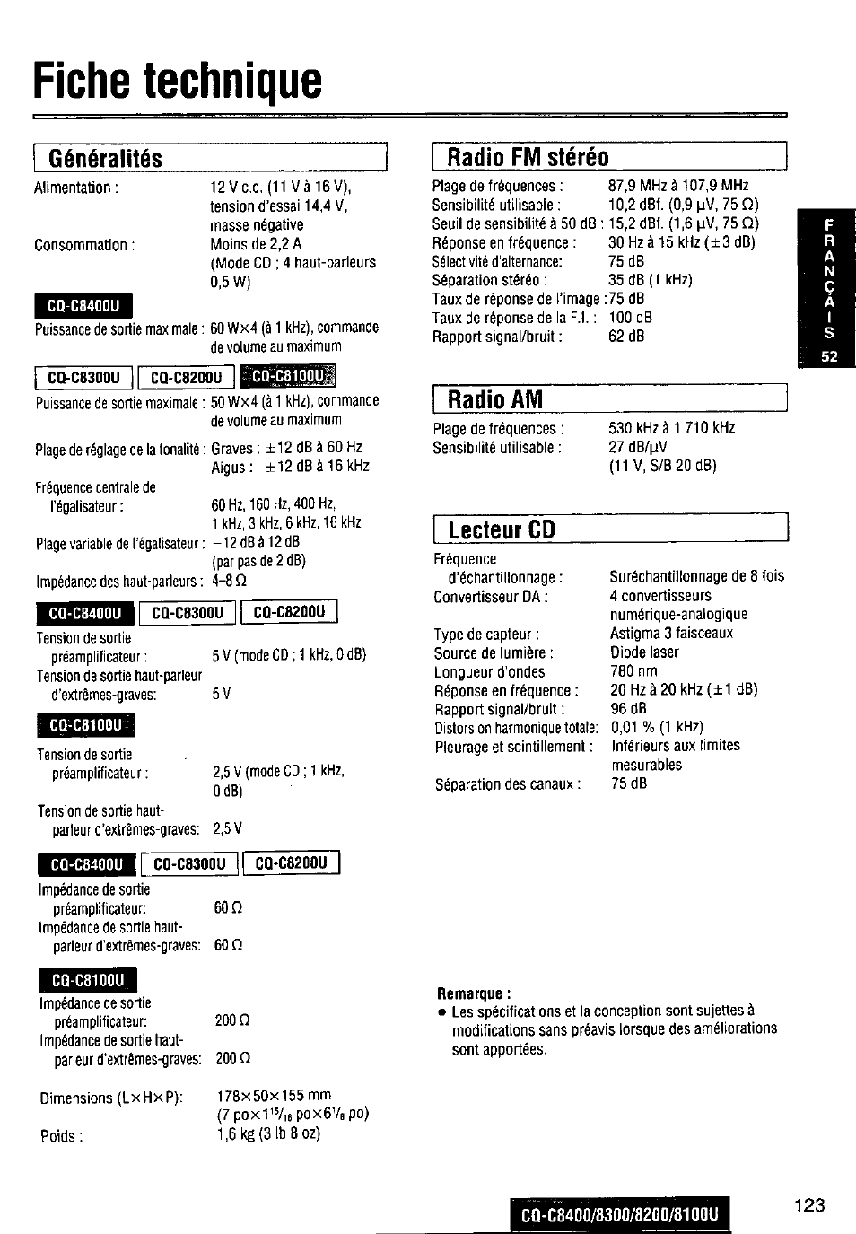 Fiche technique, Généraiités, Radio fm stéréo | Radio am, Lecteur cd | Panasonic CQ-C8300U User Manual | Page 123 / 176