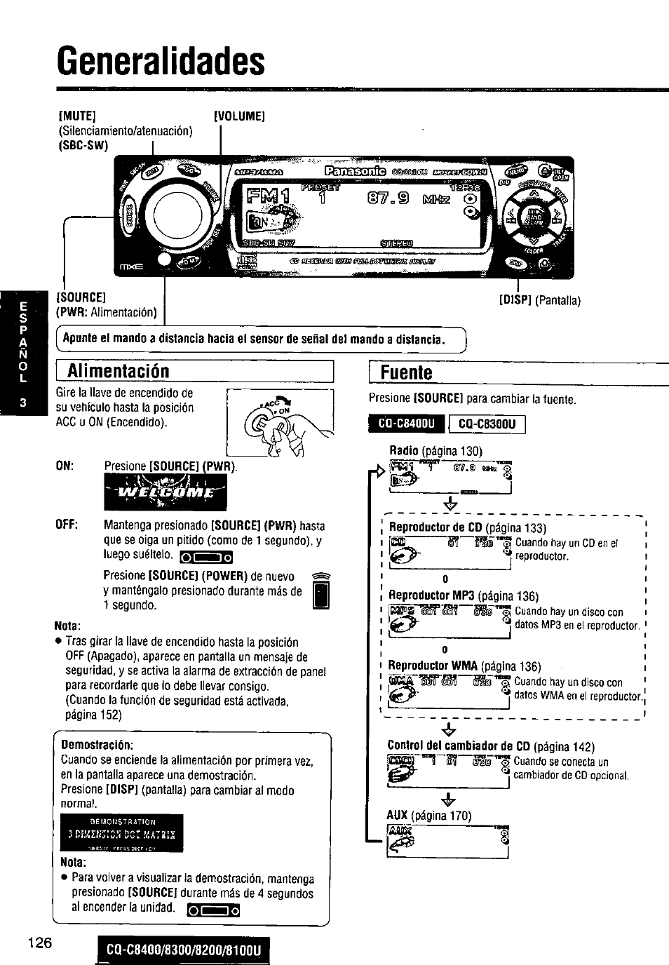 Generalidades, Alimentación, Nota | Fuente | Panasonic CQ-C8300U User Manual | Page 126 / 176
