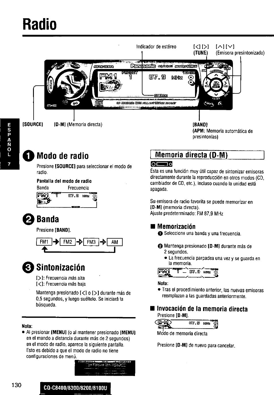 Radio, Modo de radio, Banda | O sintonización, Memorización, Invocación de la memoria directa | Panasonic CQ-C8300U User Manual | Page 130 / 176