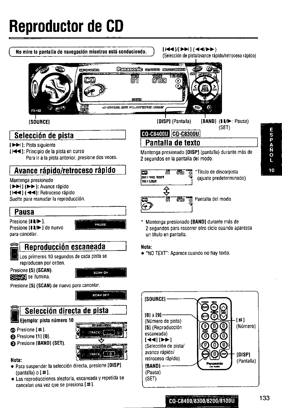 Reproductor de cd, Selección de pista, Avance rápido/retroceso rápido | Pausa, Los primeros 10 segundos de cada pista se, Selección directa de pista, Nota, Source, Bandi, Reproducción escaneada | Panasonic CQ-C8300U User Manual | Page 133 / 176