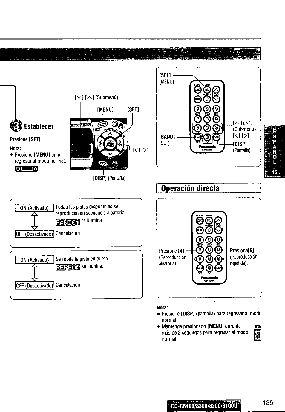 Establecer, I operación directa | Panasonic CQ-C8300U User Manual | Page 135 / 176