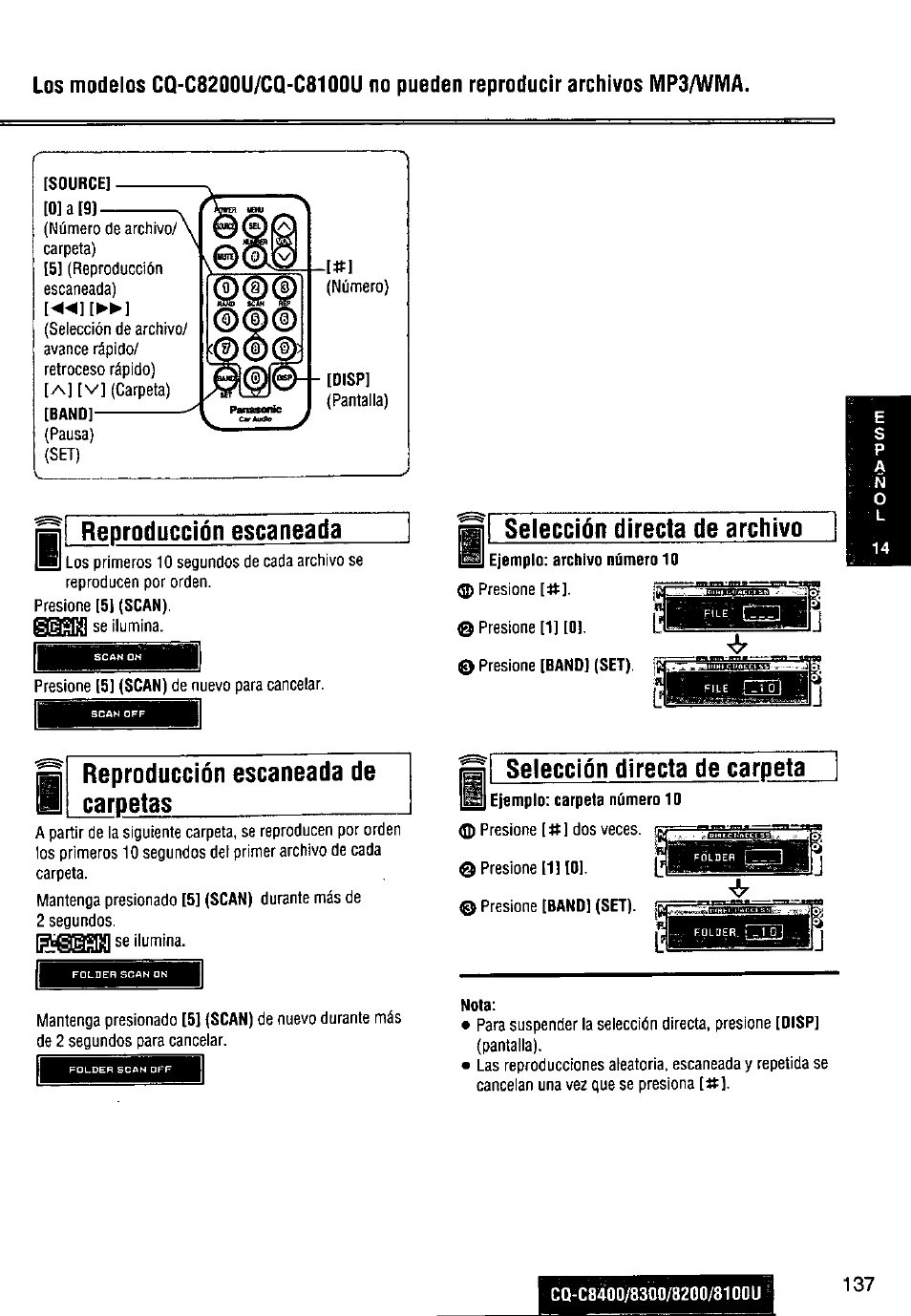 Selección directa de archivo, Reproducción escaneada | Panasonic CQ-C8300U User Manual | Page 137 / 176
