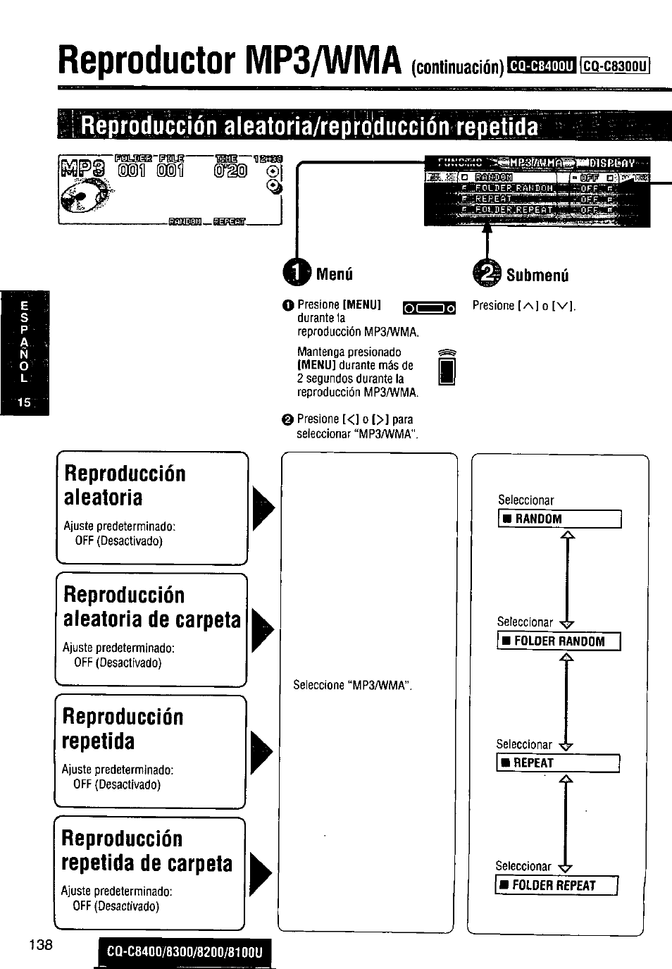 Reproduccíon aleatoria/repróducción repetida, Menú, Submenu | Reproducción, Aleatoria, Reproducción aleatoria de carpeta, Repetida, Reproducción repetida de carpeta, Rsproductor mp3/wma (continuación), Üî èli (sfi® ©i | Panasonic CQ-C8300U User Manual | Page 138 / 176