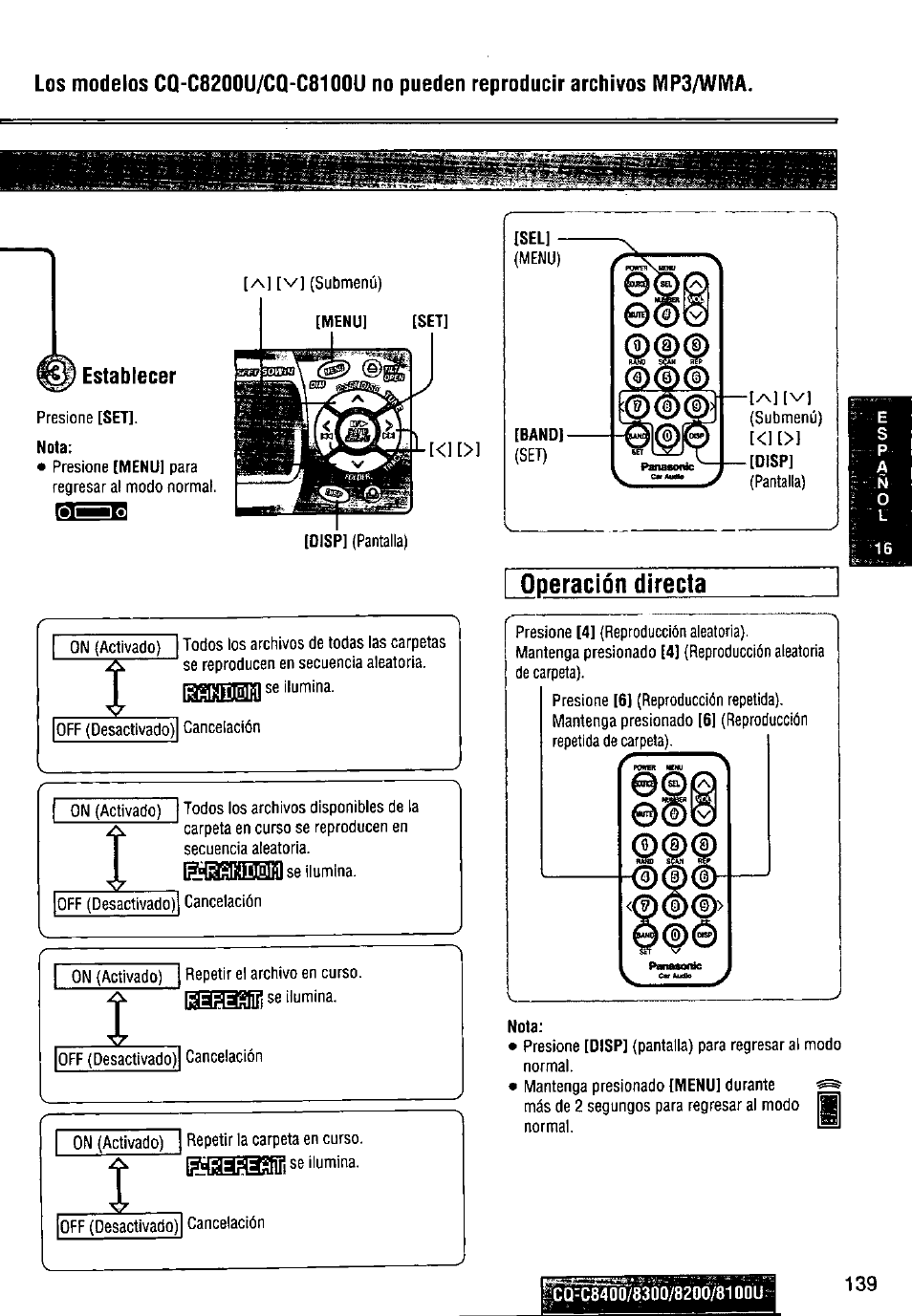 I operación directa | Panasonic CQ-C8300U User Manual | Page 139 / 176