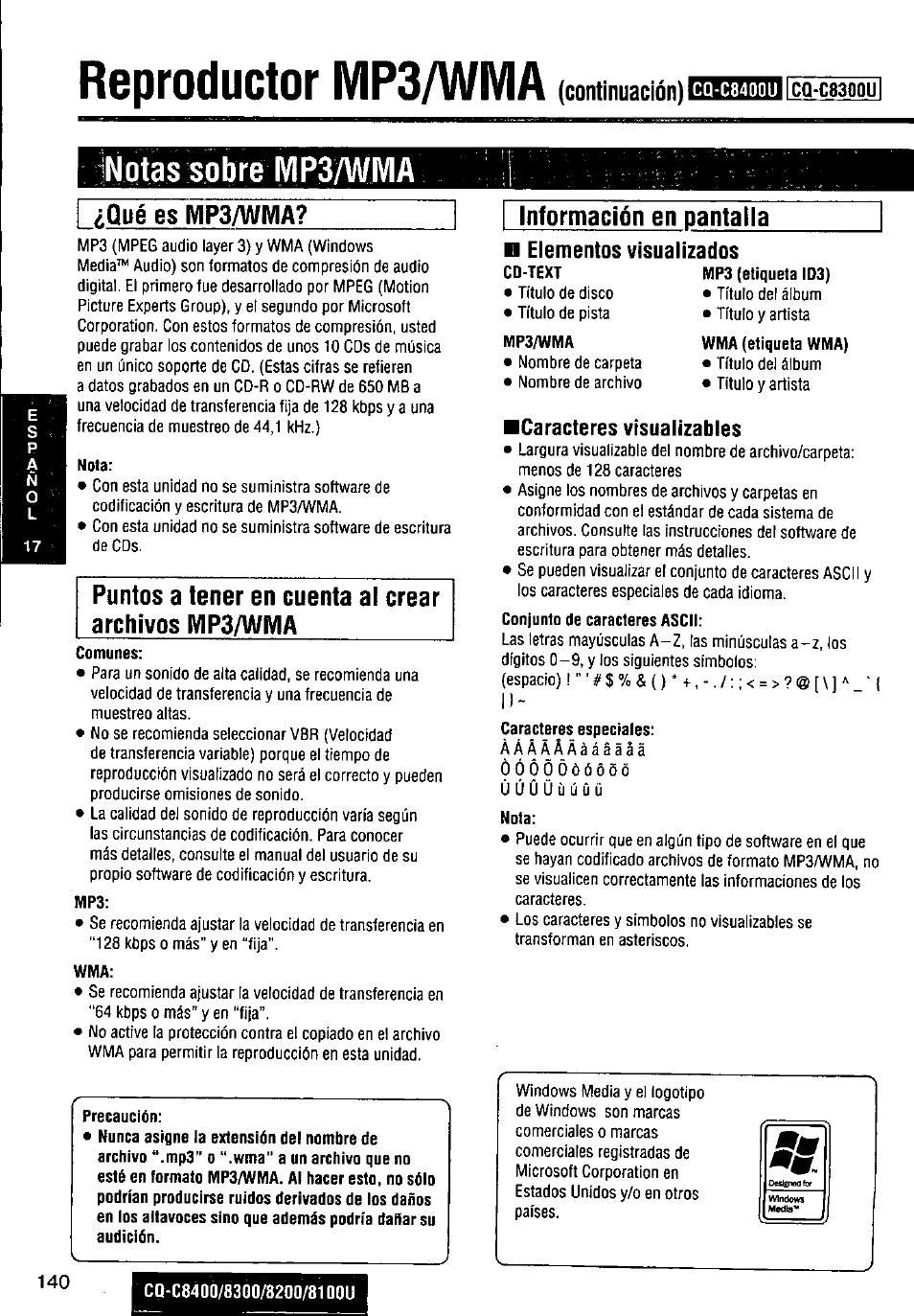 Jñotas sobre mp3/wma, I ¿qué es mp3/wma, Nota | Precaución, Inlormagión en pantalla, N elementos visualizados, Caracteres vísualizables, Caracteres especíales, Reproductor mp3/wma (continuación), Qué es mp3/wma | Panasonic CQ-C8300U User Manual | Page 140 / 176