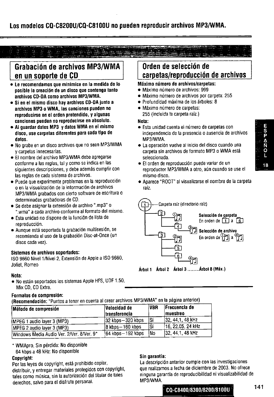Grabación de archivos mp3/wma en un soporte de cp, Sistemas de archivos soportados, Nota | Sin garantía, Cq-c8400/8300/82q0/d100u | Panasonic CQ-C8300U User Manual | Page 141 / 176