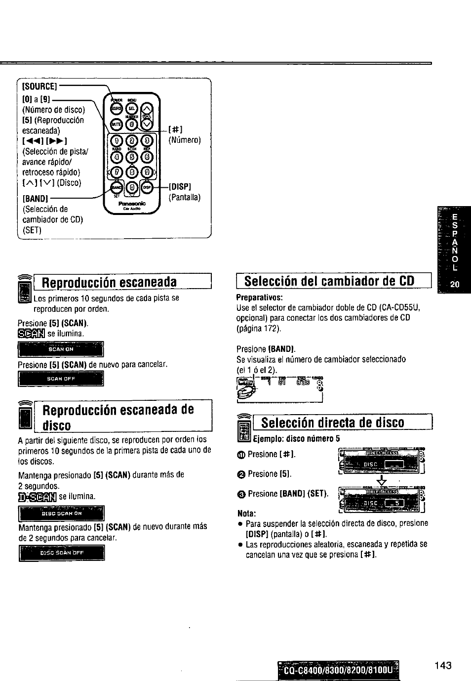 Reproducción escaneada, Selección directa de disco, Reproducción escaneada de disco | Selección del cambiador de cd | Panasonic CQ-C8300U User Manual | Page 143 / 176