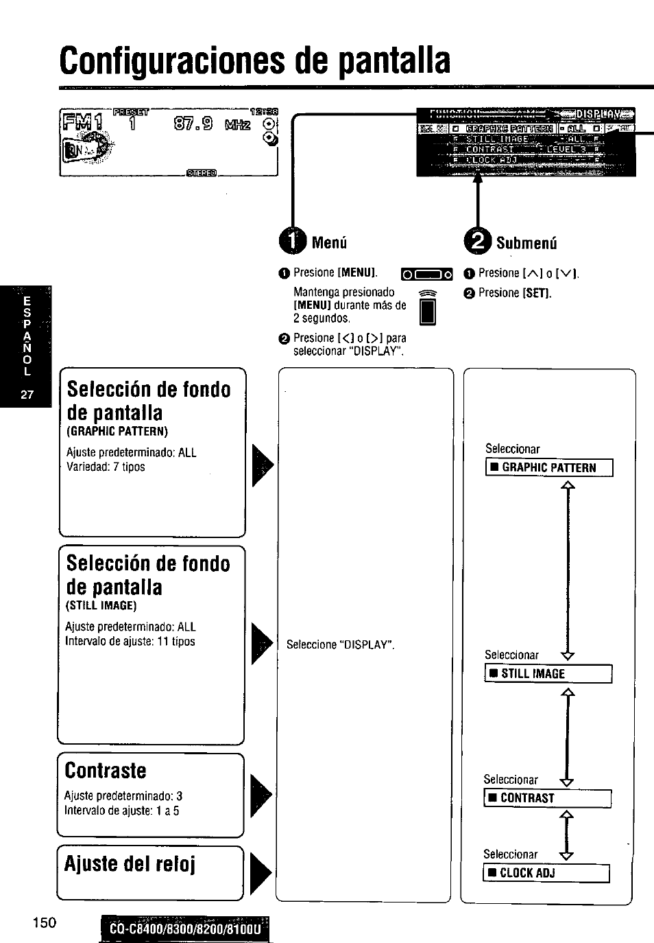 Configuraciones de pantalia, Menú, Contraste | Ajuste del reloj, Submenú, Î glo® s№ ©i, Selección de fondo de pantalla, Selección de fondo de pantaila | Panasonic CQ-C8300U User Manual | Page 150 / 176