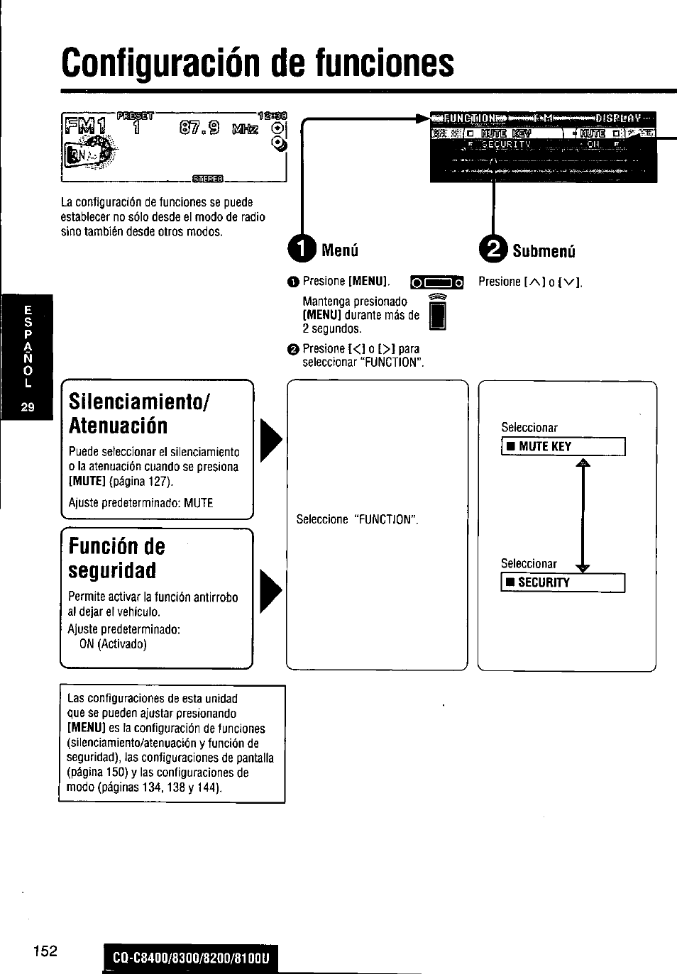 Configuración de funciones, Mite ©i, Menú | Q submenú, Silenciamiento, Atenuación, Función de seguridad, Silenciamiento/ atenuación | Panasonic CQ-C8300U User Manual | Page 152 / 176