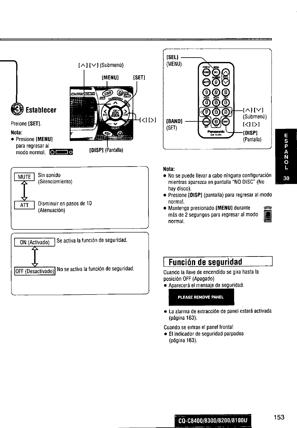 Establecer, Nota, Función de seguridad | Panasonic CQ-C8300U User Manual | Page 153 / 176