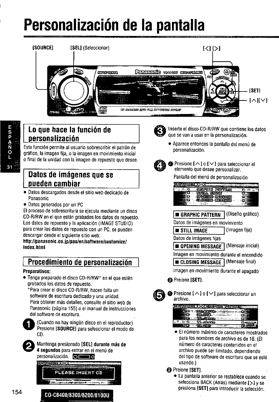 Personalización de la pantalla, Lo que hace la función de personalización, Datos de imágenes que se pueden cambiar | Procedimiento de personalización, Personaiización de ia pantalia | Panasonic CQ-C8300U User Manual | Page 154 / 176