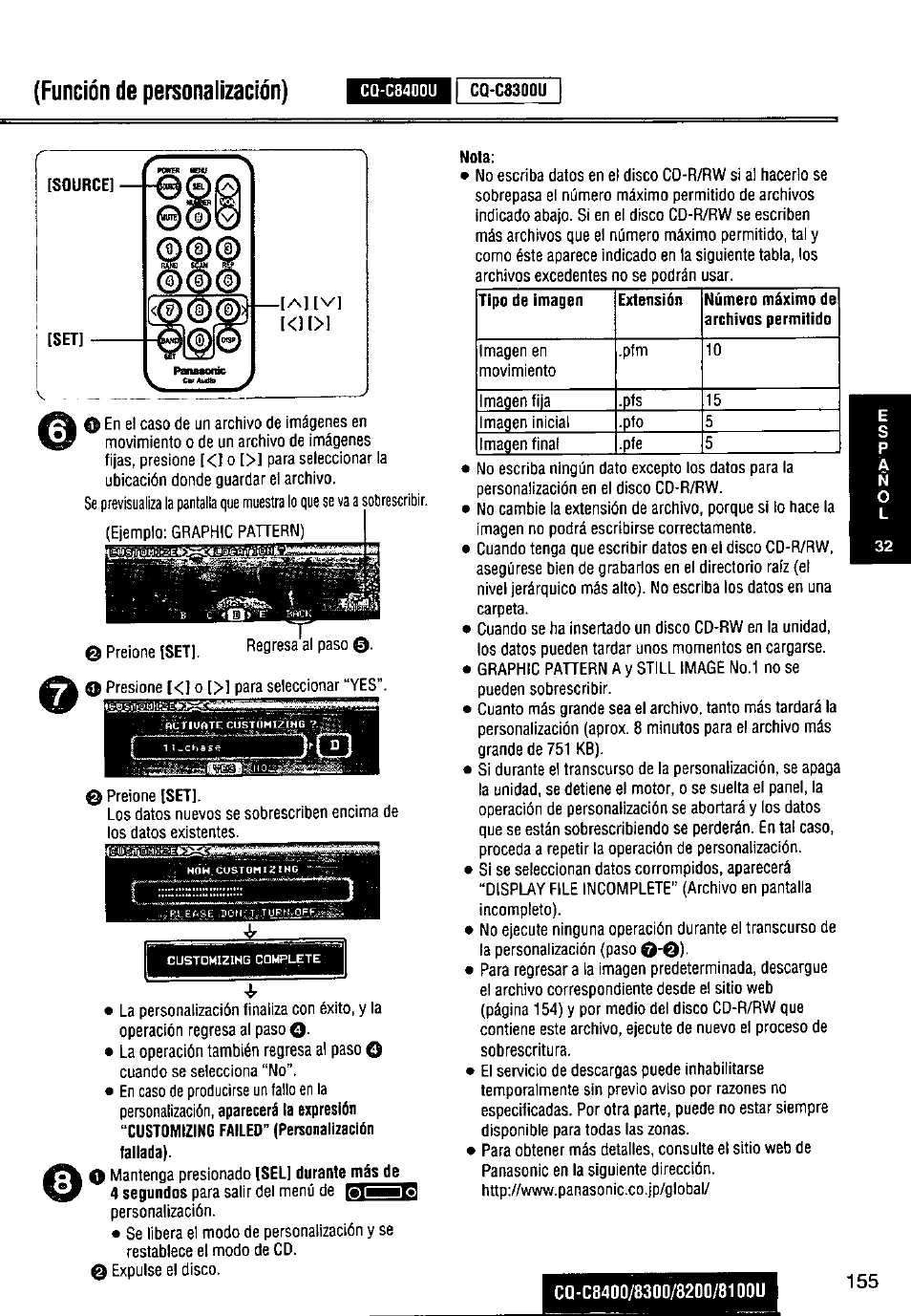 Función de personalización), Cq-c8300u, Nota | Panasonic CQ-C8300U User Manual | Page 155 / 176