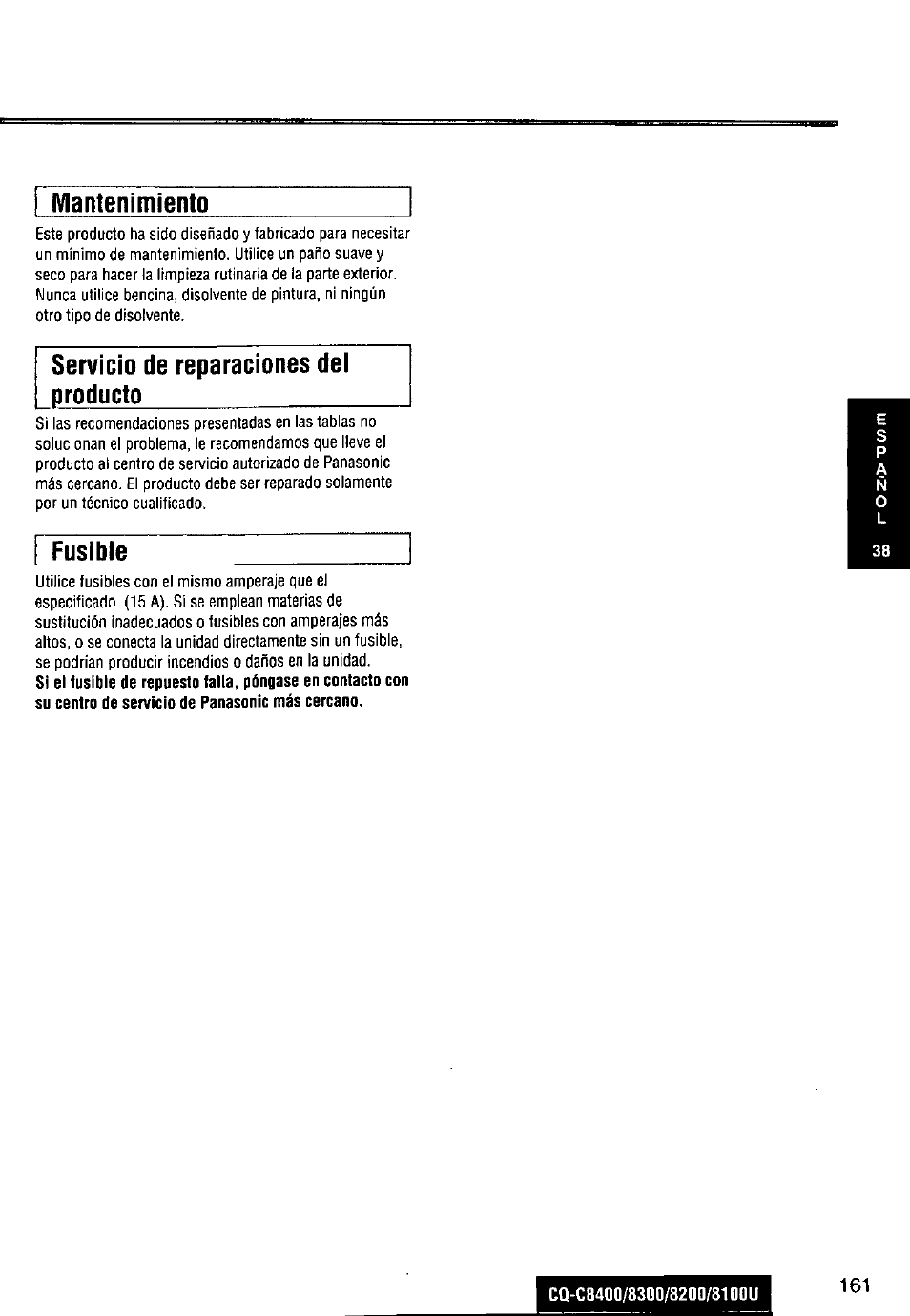 Mantenimiento, Fusible | Panasonic CQ-C8300U User Manual | Page 161 / 176
