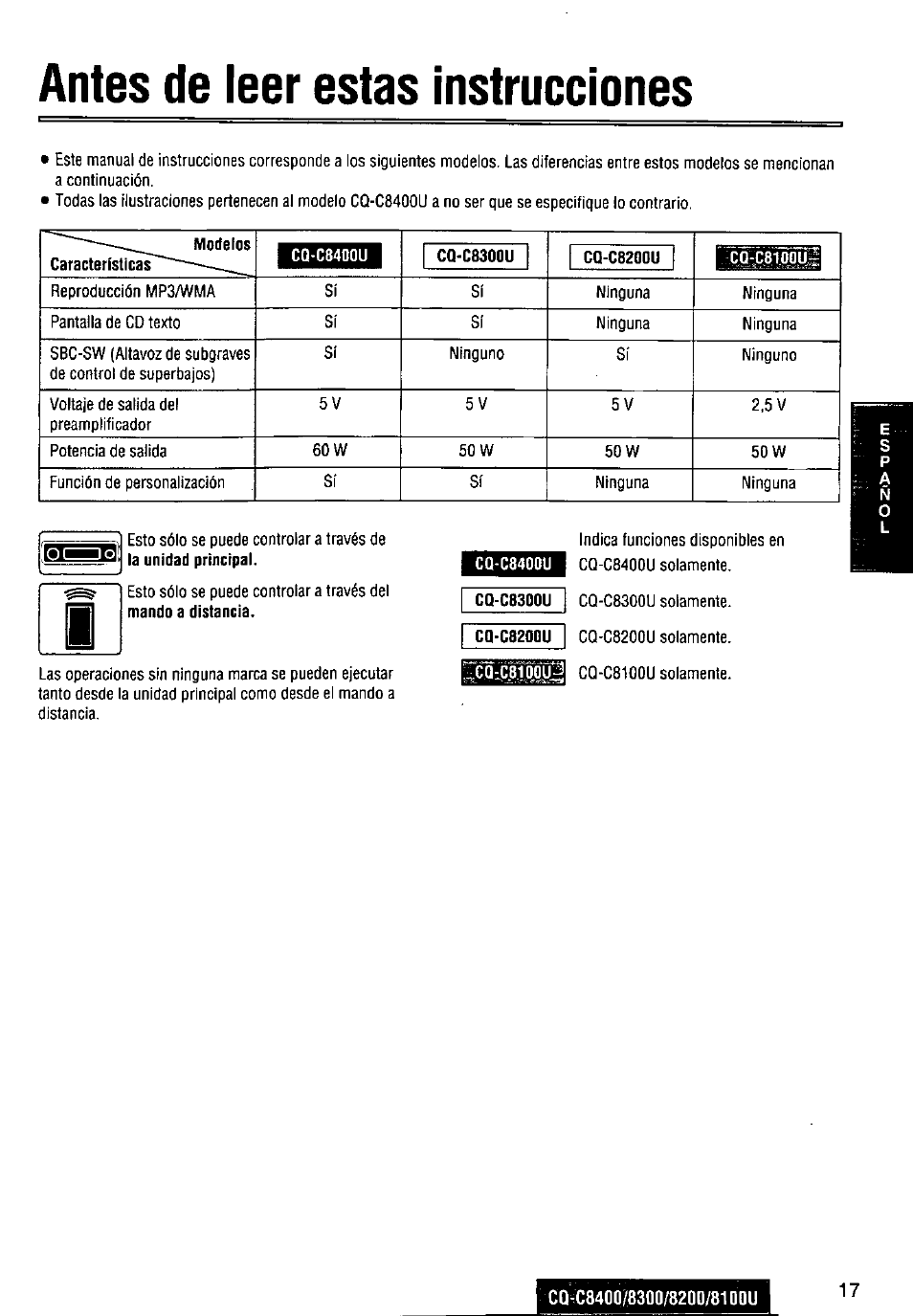 Antes de leer estas instrucciones, Cq-c8300u, Cq-c820qu | Panasonic CQ-C8300U User Manual | Page 17 / 176