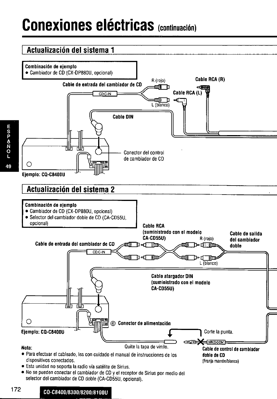 Actualización del sistema 1, Combinación de ejemplo, Cq-c8400/8300/8200/8100u | Conexiones eléctricas, Continuación) actualización del sistema 1 | Panasonic CQ-C8300U User Manual | Page 172 / 176