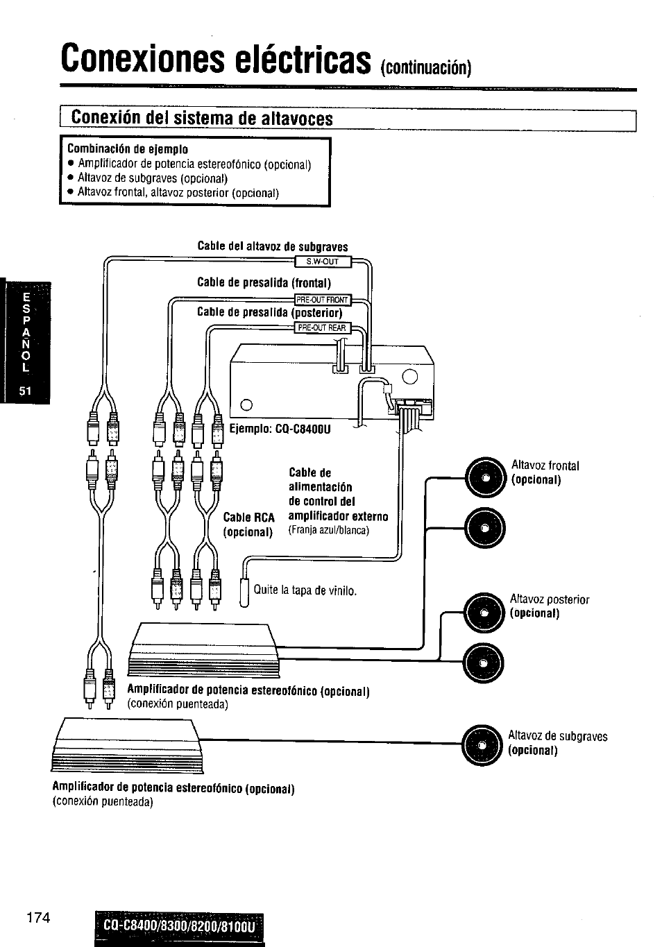 Conexión del sistema de altavoces, Combinación de ejemplo, Amplificador de potencia estereofónico (opcional) | Conexiones eléctricas | Panasonic CQ-C8300U User Manual | Page 174 / 176