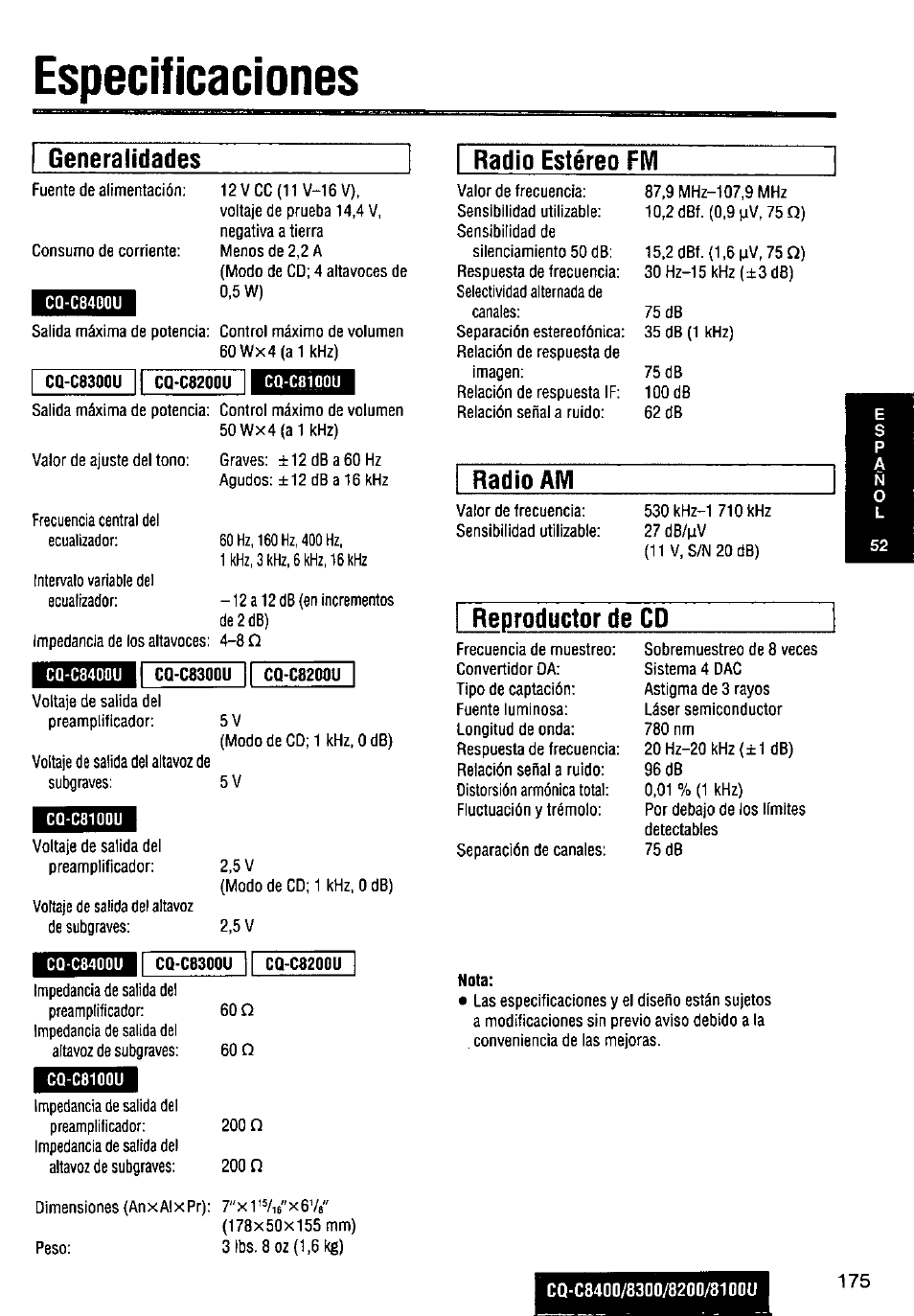 Especificaciones, Generalidades, Cq-c8300u cq-c820qu | Cq-c8300u cq'c8200u, Cq-c8300u cq‘c8200u, Radio estéreo fm, Radio am, Reproductor de cd | Panasonic CQ-C8300U User Manual | Page 175 / 176