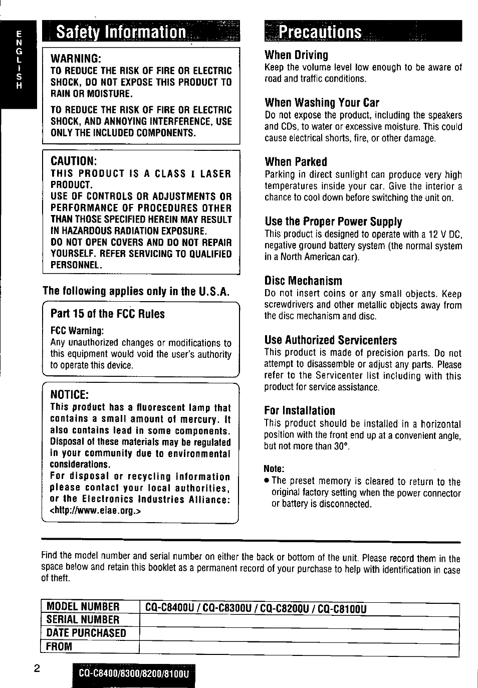 Safety informatim, Note, Safety informatim^ precautions | Panasonic CQ-C8300U User Manual | Page 2 / 176