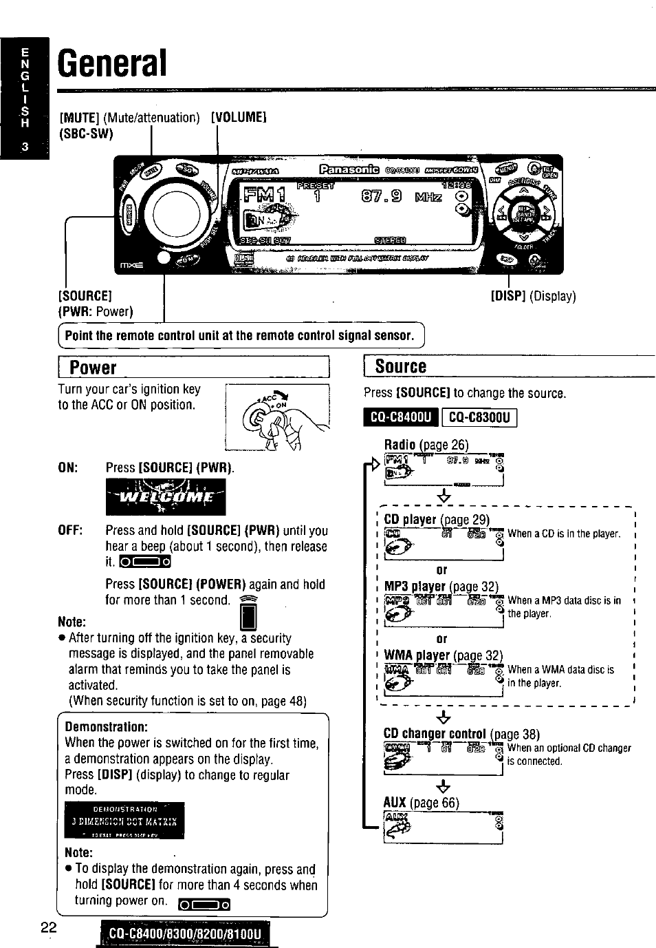 General, On: press [source] (pwr), Note | Source, Cd changer control ^age 38), Power | Panasonic CQ-C8300U User Manual | Page 22 / 176