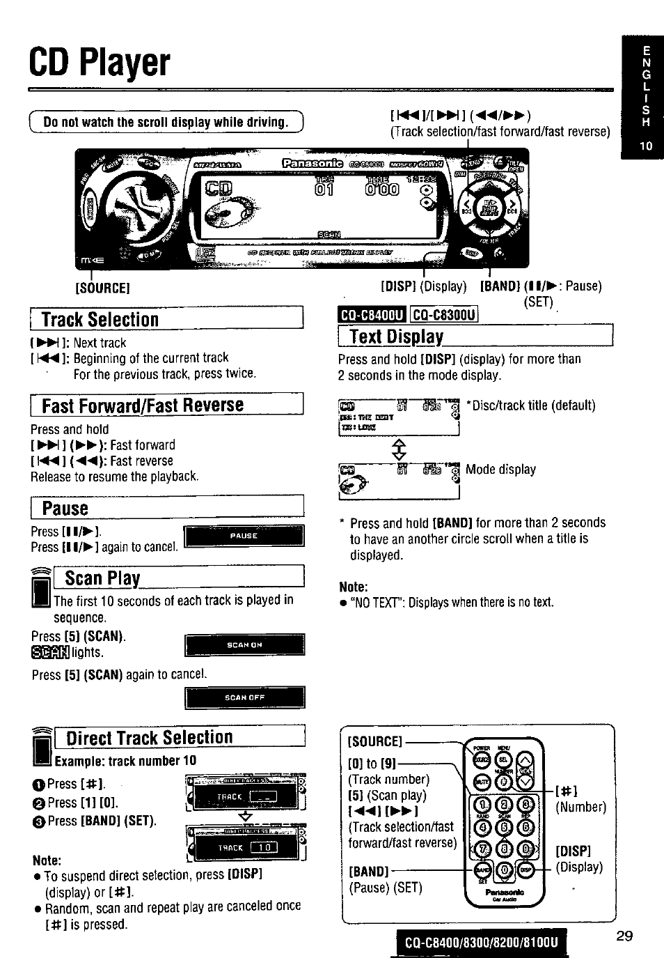 Cd player, Fast forward/fast reverse, Pause | Scan play, Direct track selection | Panasonic CQ-C8300U User Manual | Page 29 / 176