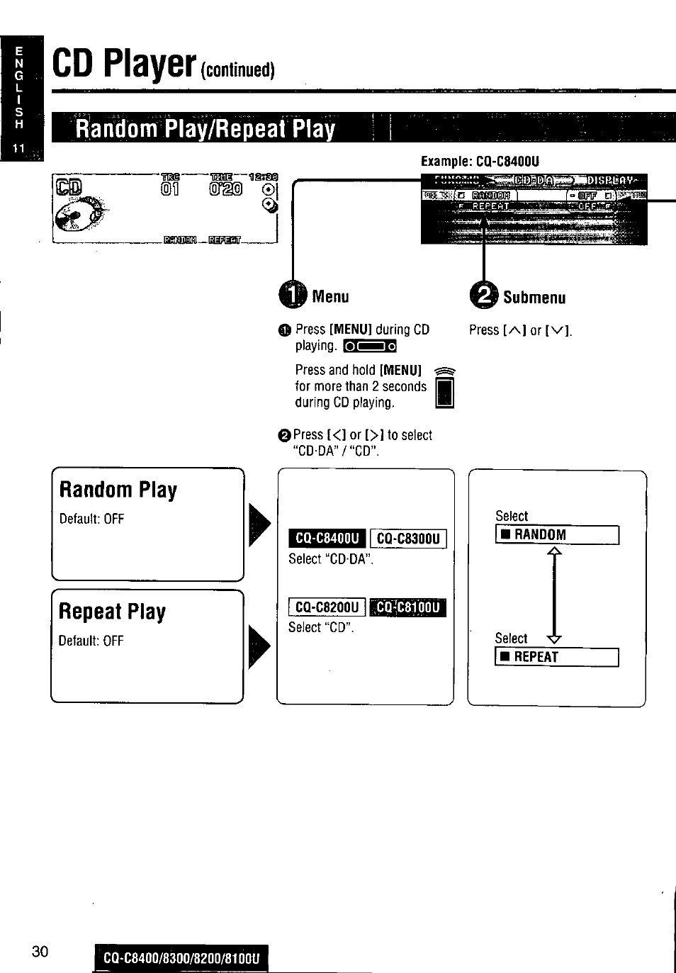 Cd player, Continued), Rlaifdom play/repeat play | Random play, Repeat play, Menu, O submenu, Cq-c8400u, Cq-c8200u, Ii ©1 | Panasonic CQ-C8300U User Manual | Page 30 / 176