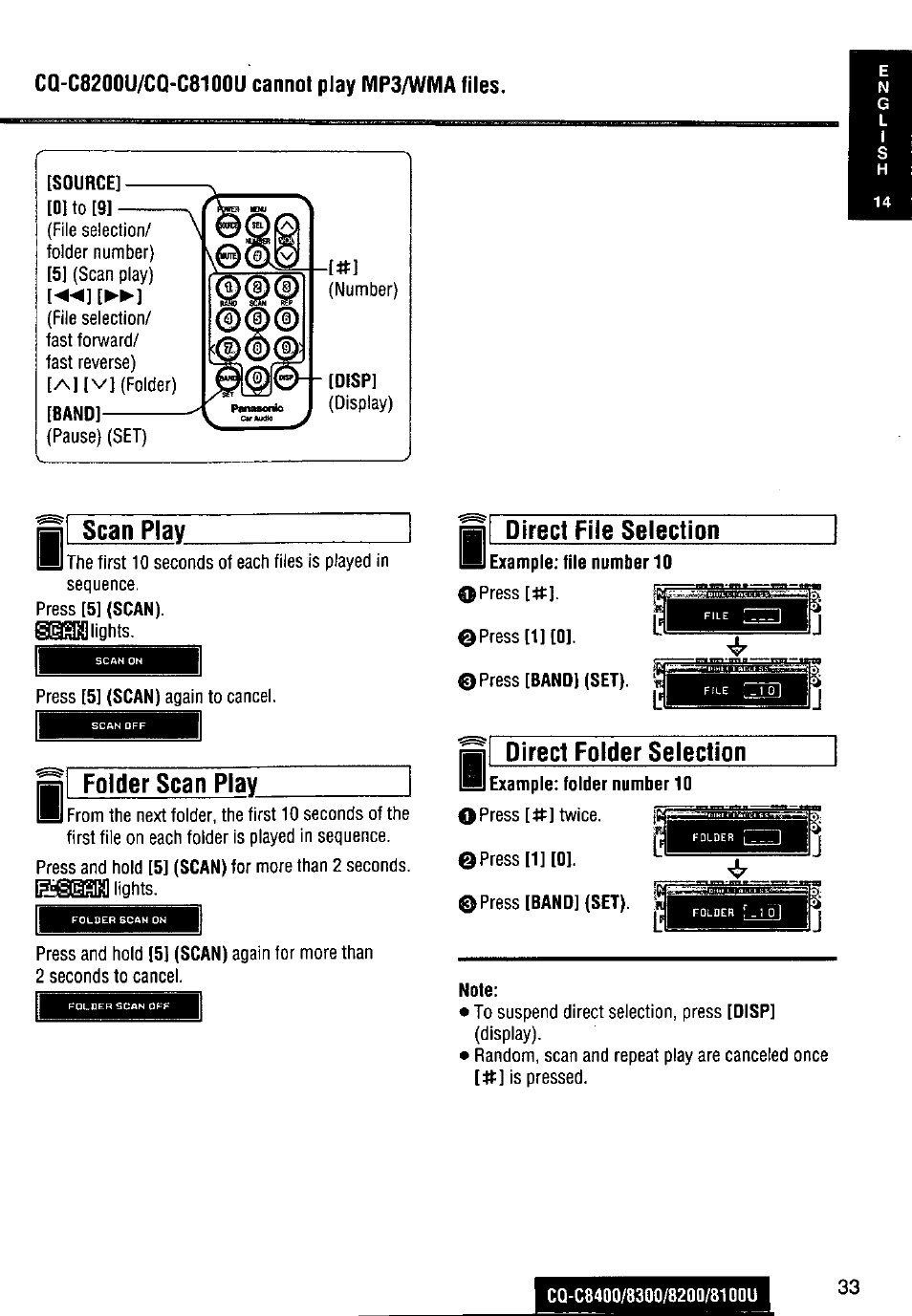 Source, Folder scan play, Direct file selection | Example: file number 10, Press [band] (set), Direct folder selection, I example: folder number 10, Press [1][0, Press [band] (set), i, Scan play | Panasonic CQ-C8300U User Manual | Page 33 / 176
