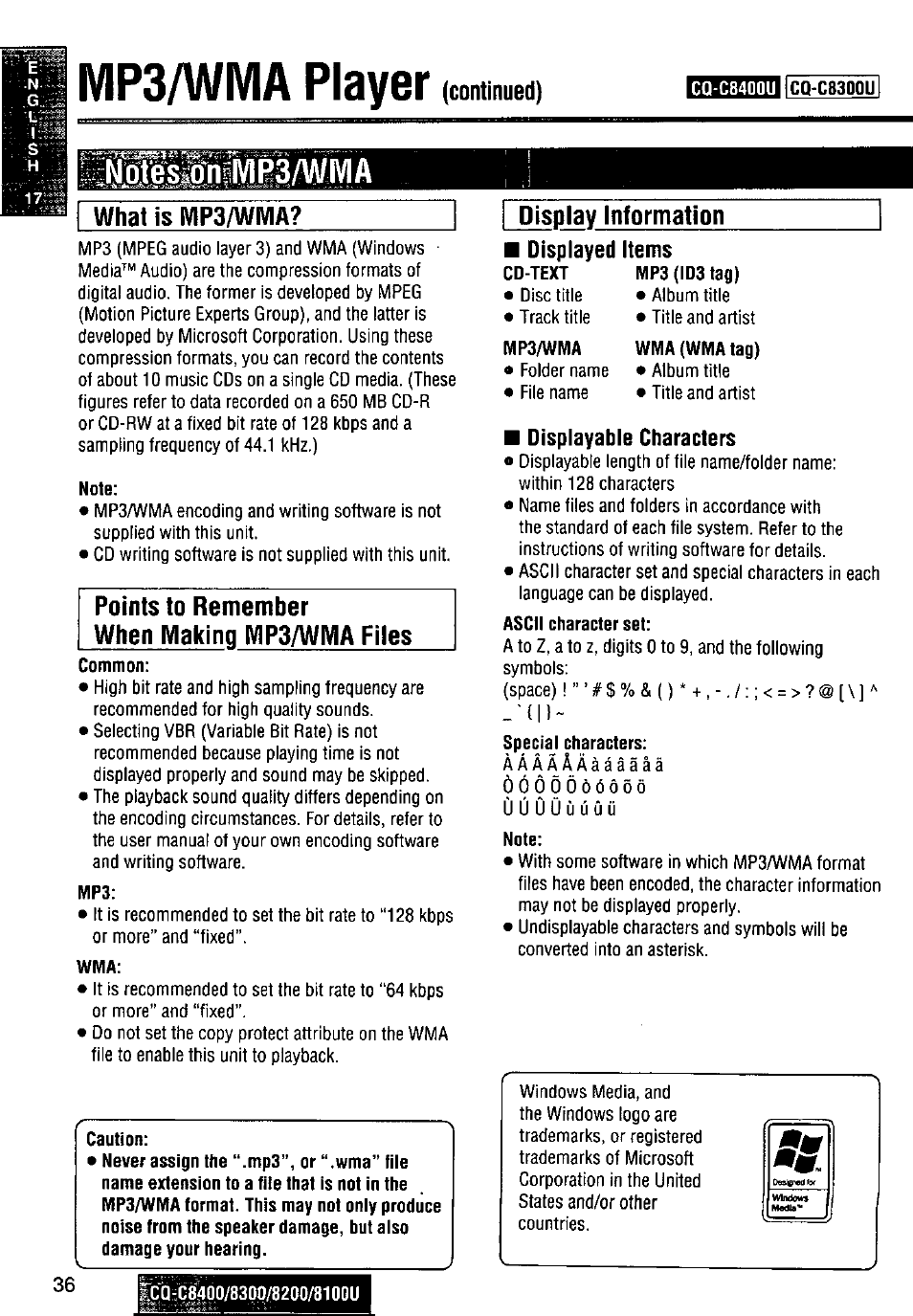 Mp3/wma player (continued), Cq-c8400u, Cq-c8300u | What is ivip3/wivia, Note, Caution, Display information, Displayed items, Displayable characters, Mp3/wma player | Panasonic CQ-C8300U User Manual | Page 36 / 176
