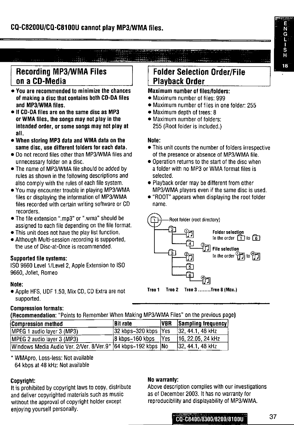 Supported file systems, Note, Maximum number of files/folders | Copyright, No warranty | Panasonic CQ-C8300U User Manual | Page 37 / 176