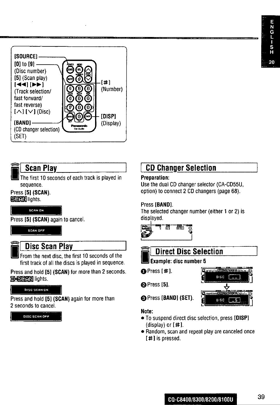 Source, Band, Disc scan play | Cd changer selection, Preparation, Press [band, Direct disc selection, Cq-c8400/8300/8200/8100u | Panasonic CQ-C8300U User Manual | Page 39 / 176