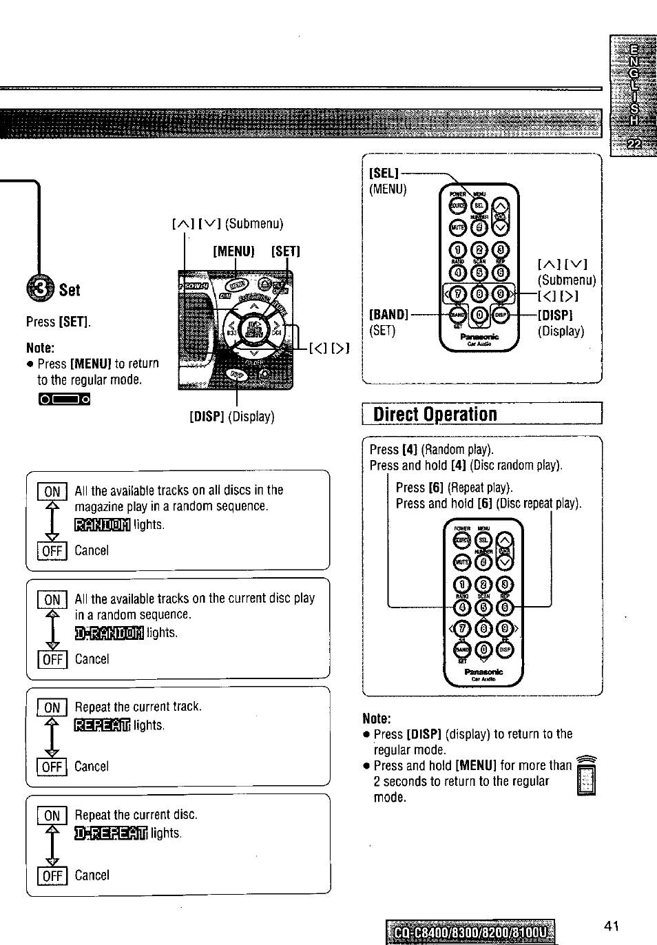 T 881111130! lights, Direct operation | Panasonic CQ-C8300U User Manual | Page 41 / 176